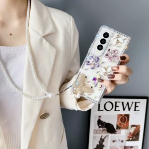 For Samsung Galaxy Z Fold 4 Z Fold 3 Z Fold 2 Diy Diy Diamond Tower Butterfly Pearls Rope Transparent Mobile Phone Case Cover Featured
