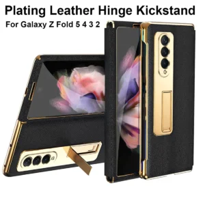 For Samsung Galaxy Z Fold 5 Case Hinge Leather Plating Fold 4 3 2 With S Pen Holder 360 Full Screen Protector Kickstand Cover Featured
