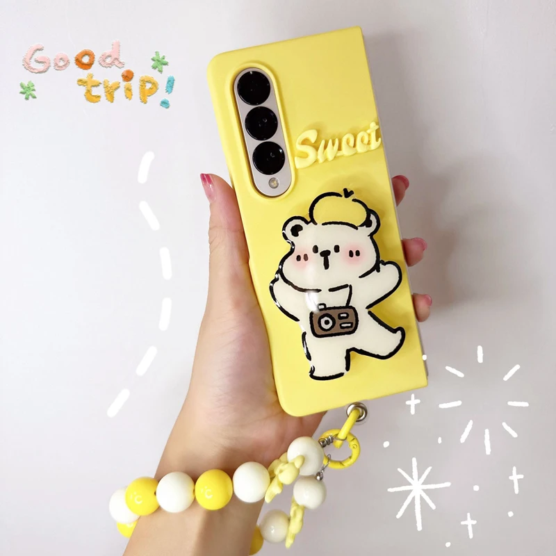 Funda Case For Samsung Galaxy Z Fold4 Z Fold3 Sweet Camera Bear Bracket Shockproof Protetcion Mobile Phone Case Cover Z Fold4 Featured