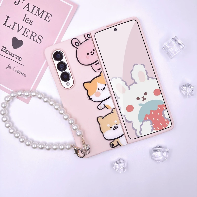Funda Case Three Animal Patch Pearl Bracelet Shockproof Protetcion Mobile Phone Case For Samsung Galaxy Z Fold3 Fold4 Featured