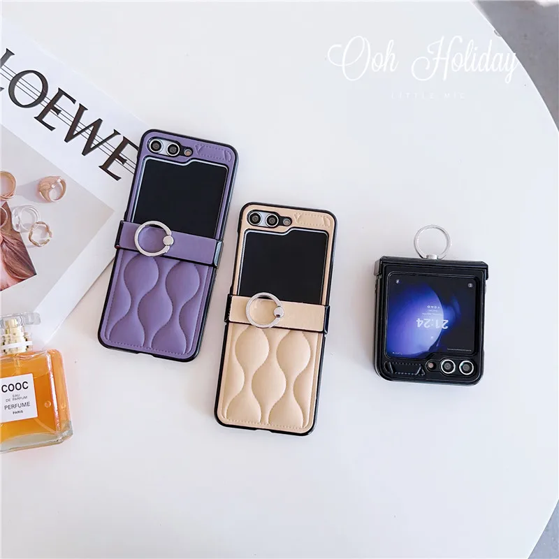Luxury 3d Wave Pattern Ring Phone Holder Leather Case Cover For Samsung Galaxy Z Flip 5 Z Flip 4 Z Flip 3 5g Folding Back Cover Featured
