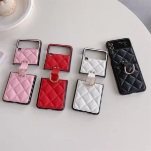 Luxury Cc Diamond Checked Cute Finger Rings Hinge Leather Phone Case For Samsung Galaxy Z Flip3 Flip4 Featured