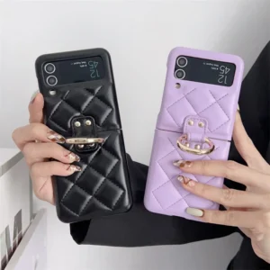 Luxury Diamond Checked Finger Rings Hinge Leather Phone Case For Samsung Galaxy Z Flip3 Flip4 Featured