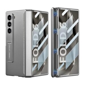T TECLUSIVE Ultra Luxury Full Protection Case with Hinge Protection Compatible for Galaxy Z Fold 6 | Hidden Stand | Magnetic Hinge Protector Cover with Front Tempered Glass (Gray, Fold 6)