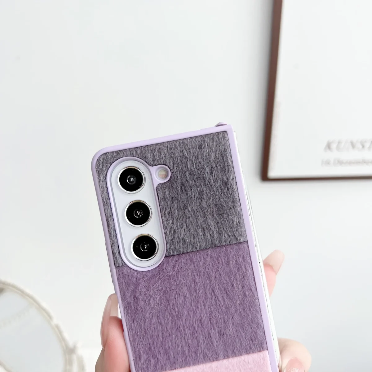For Samsung Galaxy Z Fold 5 4 3 Case Skin Friendly Color Splicing Soft Edge Plush Ball Wrist Strap Folding Shockproof Hard Cover - Image 4