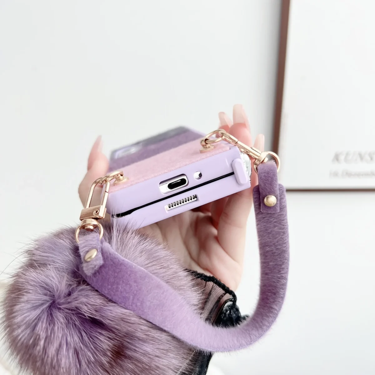 For Samsung Galaxy Z Fold 5 4 3 Case Skin Friendly Color Splicing Soft Edge Plush Ball Wrist Strap Folding Shockproof Hard Cover - Image 5