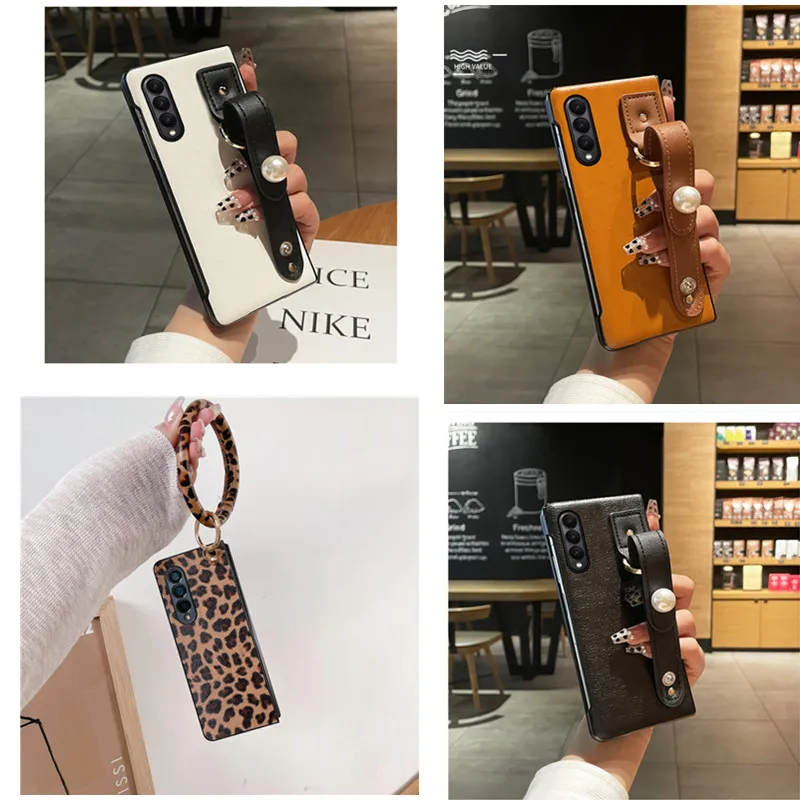DIY Luxury Leopard Print Bracelet Pearl Strap Leather Case For Samsung Galaxy Z Fold4 Case for Galaxy Z Fold 5 Case Z Fold 3 2 1