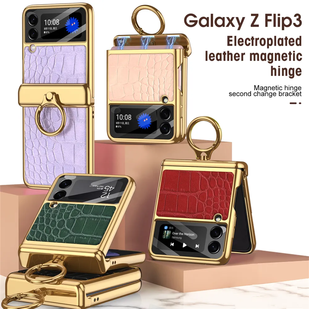 Luxury Leather With Hook Ring Magnetic Cover For Samsung Galaxy Z Flip3 Flip4