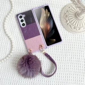 For Samsung Galaxy Z Fold 5 4 3 Case Skin Friendly Color Splicing Soft Edge Plush Ball Wrist Strap Folding Shockproof Hard Cover