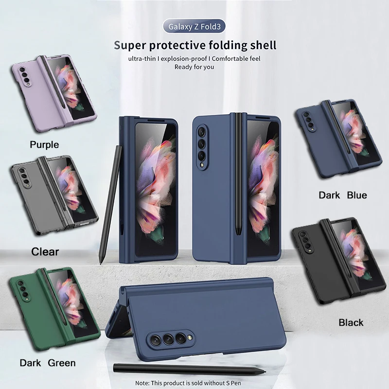 for Samsung Galaxy Z Fold 5 4 3 Phone Case 360° Liquid Matte Plain Color Pen Holder Cover Fine Hole Shell Antifall NonSlip Funda