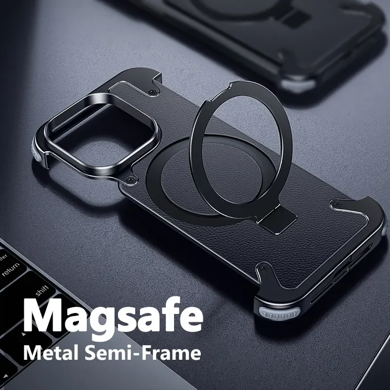 Luxury Metal Frame Mag-Safe Leather Phone Case For iPhone13 iPhone14 iPhone15 Pro ProMax (5 Colours)