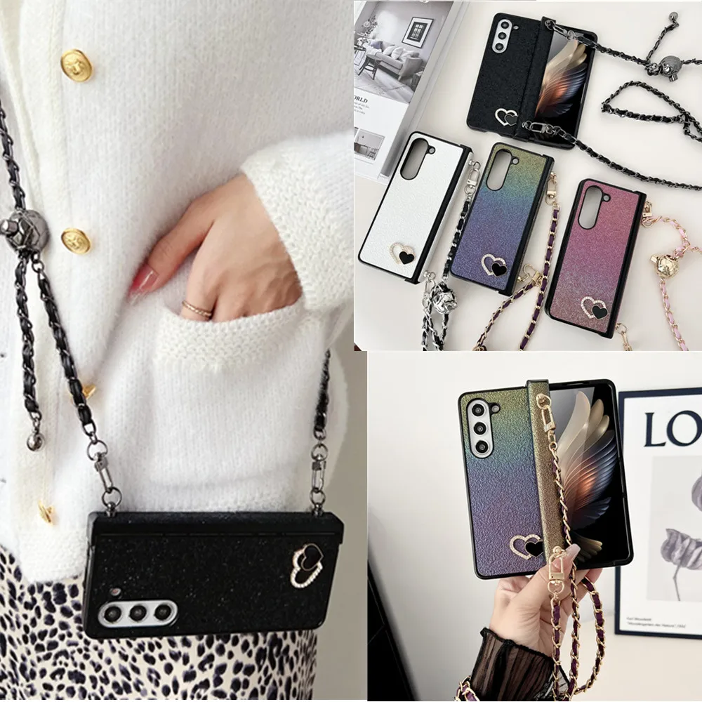 Korean Fashion Glitter Long Strap Hinge Case For Samsung Galaxy Z Fold5 Case For Galaxy Z Fold4 Cover Z Fold3 Capa Z Fold 5 Case