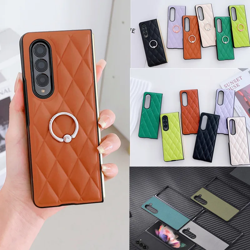 Korean Rhombic Ring Holder Stand Leather Case For Samsung Galaxy Z Fold 5 Case For Galaxy Z Fold 4 Cover Z Fold3 Capa Z Fold5