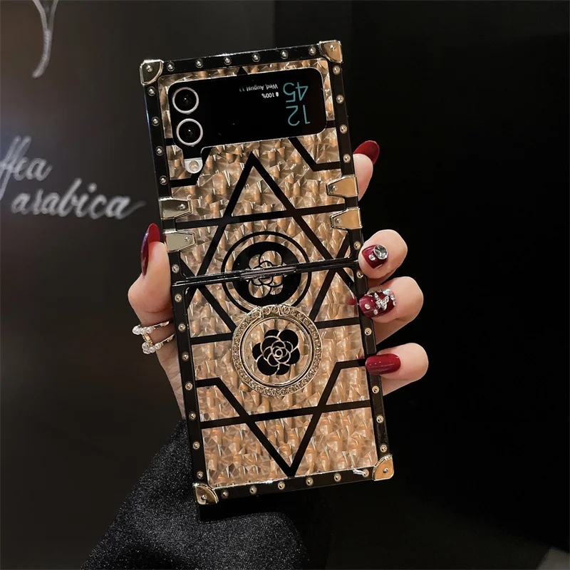 Luxury Flower Phone Folded Cover For Samsung Galaxy Z Flip 4 5G Case Square Shockproof For Galaxy Z Flip 3 With Ring Holder | Gaffar India