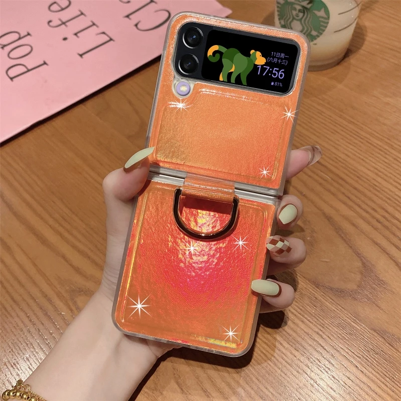 Gradual Color Finger Ring Flip Phone Cover For Samsung Galaxy Z Flip 4 3 Shockproof Anti-Drop Folding Phone Case