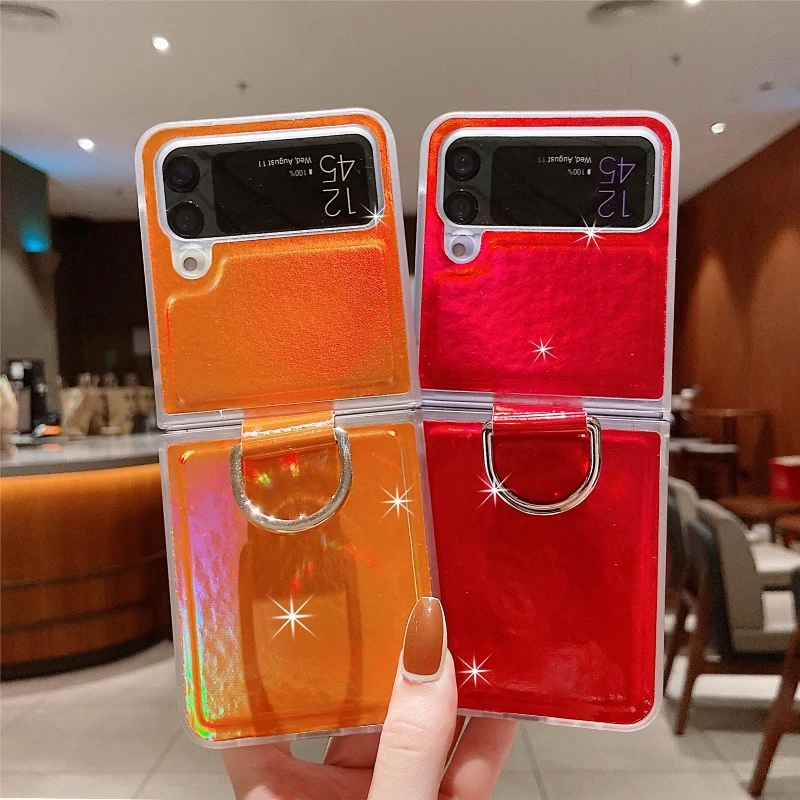 Gradual Color Finger Ring Flip Phone Cover For Samsung Galaxy Z Flip 4 3 Shockproof Anti-Drop Folding Phone Case
