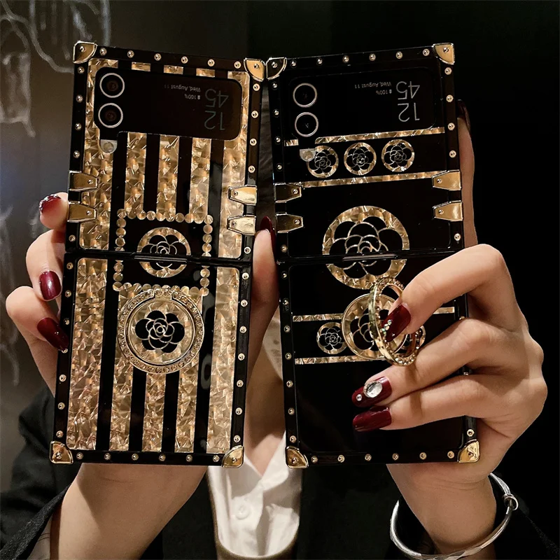 Luxury Flower Phone Folded Cover For Samsung Galaxy Z Flip 4 5G Case Square Shockproof For Galaxy Z Flip 3 With Ring Holder | Gaffar India