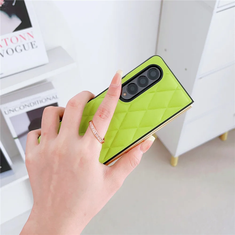 Korean Rhombic Ring Holder Stand Leather Case For Samsung Galaxy Z Fold 5 Case For Galaxy Z Fold 4 Cover Z Fold3 Capa Z Fold5 | Gaffar India