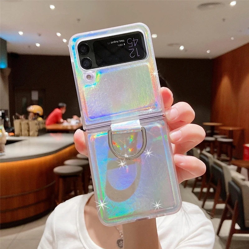 Gradual Color Finger Ring Flip Phone Cover For Samsung Galaxy Z Flip 4 3 Shockproof Anti-Drop Folding Phone Case