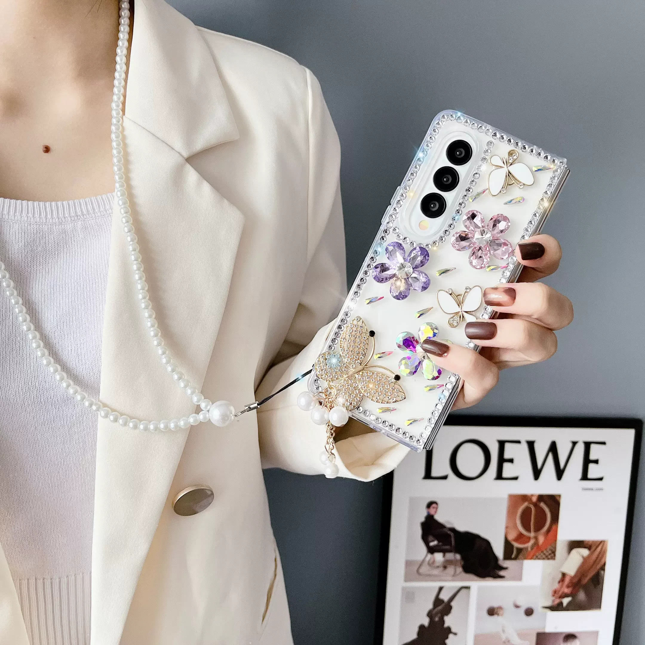 For Samsung Galaxy Z Fold 4 Z Fold 3 Z Fold 2 DIY DIY Diamond Tower Butterfly Pearls Rope Transparent Mobile Phone Case Cover