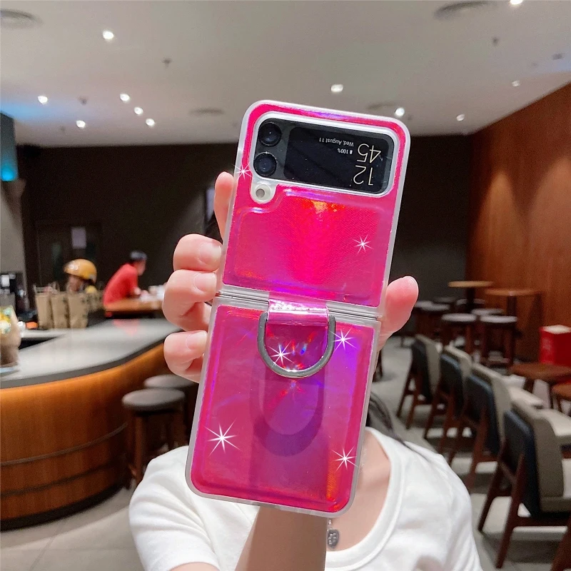 Gradual Color Finger Ring Flip Phone Cover For Samsung Galaxy Z Flip 4 3 Shockproof Anti-Drop Folding Phone Case