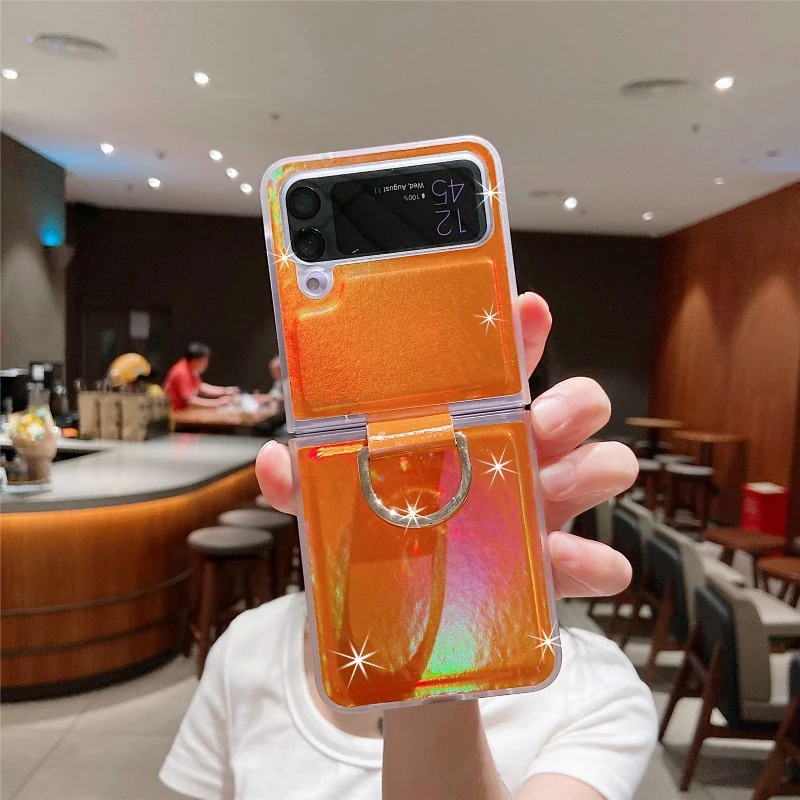 Gradual Color Finger Ring Flip Phone Cover For Samsung Galaxy Z Flip 4 3 Shockproof Anti-Drop Folding Phone Case
