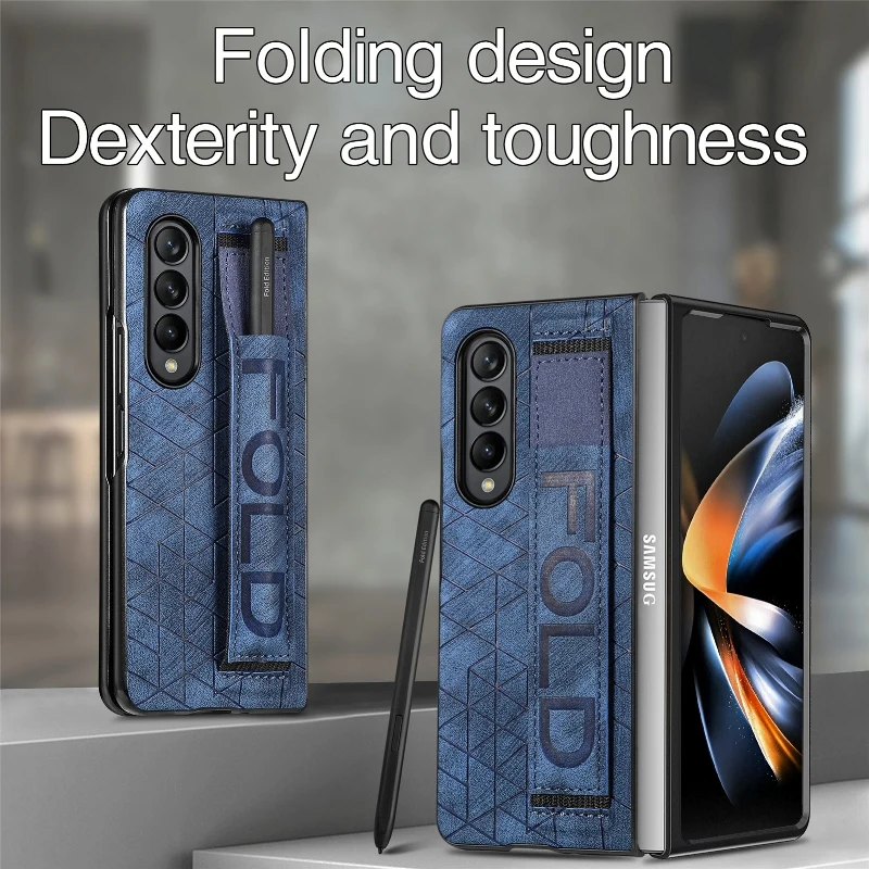 Wrist Strap Phone Case For Samsung Galaxy Z Fold 5 4 3 Phone Cover Shockproof Anti-Drop Back Cover With Pen Holder(Exclude Pen) | Gaffar India