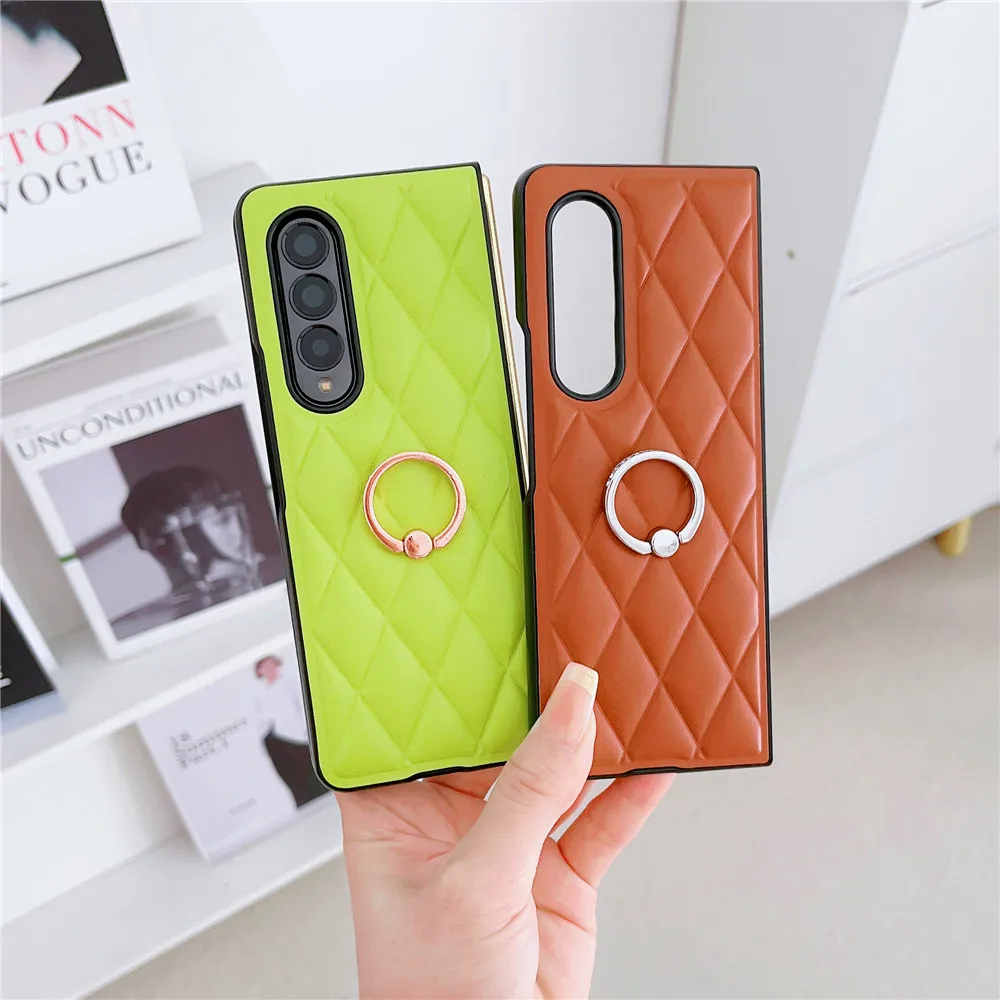 Korean Rhombic Ring Holder Stand Leather Case For Samsung Galaxy Z Fold 5 Case For Galaxy Z Fold 4 Cover Z Fold3 Capa Z Fold5 | Gaffar India