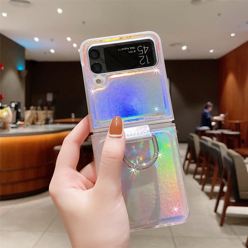 Gradual Color Finger Ring Flip Phone Cover For Samsung Galaxy Z Flip 4 3 Shockproof Anti-Drop Folding Phone Case