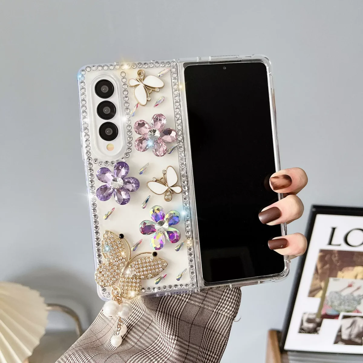 For Samsung Galaxy Z Fold 4 Z Fold 3 Z Fold 2 DIY DIY Diamond Tower Butterfly Pearls Rope Transparent Mobile Phone Case Cover - Image 4