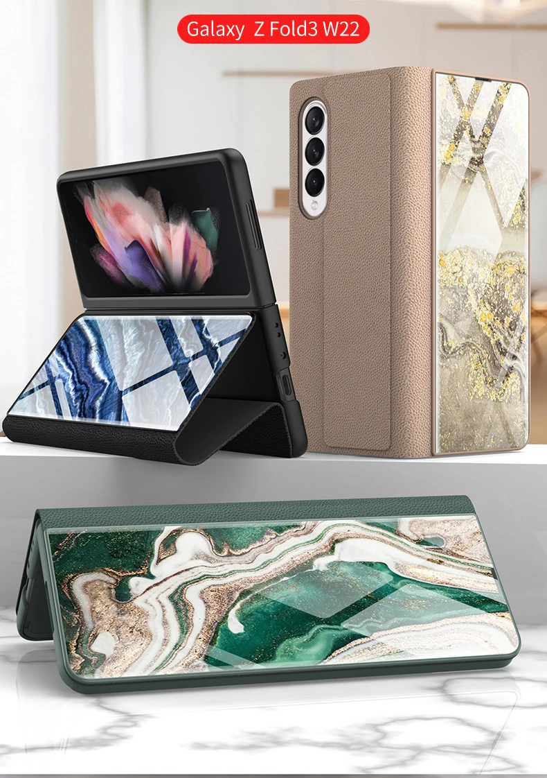 for Samsung Galaxy Z Fold 4 3 5G Case Luxury Marble Glass Leather Flip Cover for Galaxy Z Flold3 Full Protect Kickstand Funda | Gaffar India
