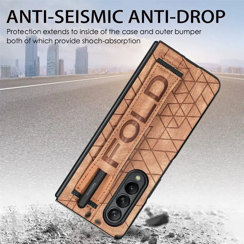 Wrist Strap Phone Case For Samsung Galaxy Z Fold 5 4 3 Phone Cover Shockproof Anti-Drop Back Cover With Pen Holder(Exclude Pen) | Gaffar India