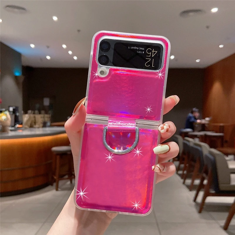 Gradual Color Finger Ring Flip Phone Cover For Samsung Galaxy Z Flip 4 3 Shockproof Anti-Drop Folding Phone Case