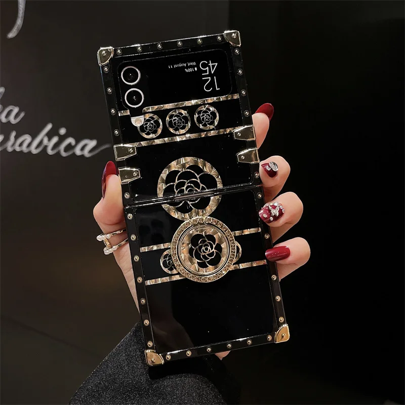 Luxury Flower Phone Folded Cover For Samsung Galaxy Z Flip 4 5G Case Square Shockproof For Galaxy Z Flip 3 With Ring Holder | Gaffar India