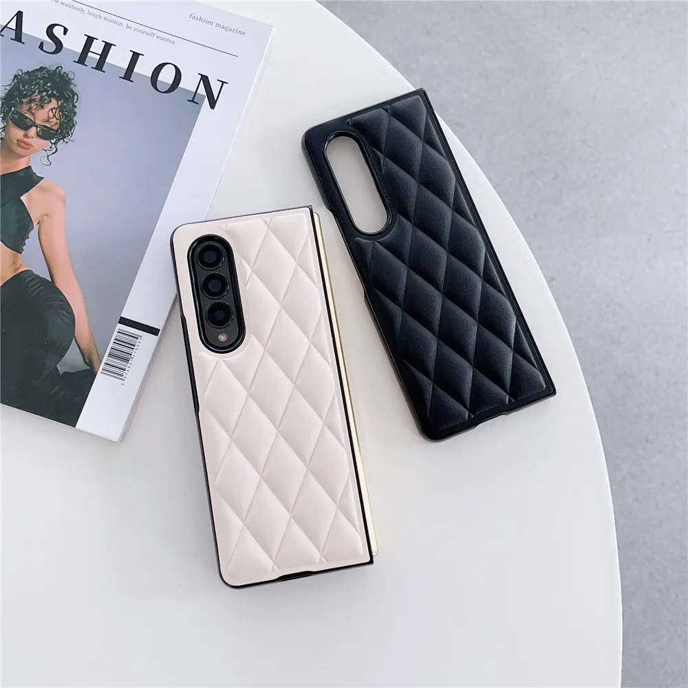 Korean Rhombic Ring Holder Stand Leather Case For Samsung Galaxy Z Fold 5 Case For Galaxy Z Fold 4 Cover Z Fold3 Capa Z Fold5 | Gaffar India