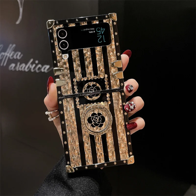 Luxury Flower Phone Folded Cover For Samsung Galaxy Z Flip 4 5G Case Square Shockproof For Galaxy Z Flip 3 With Ring Holder | Gaffar India
