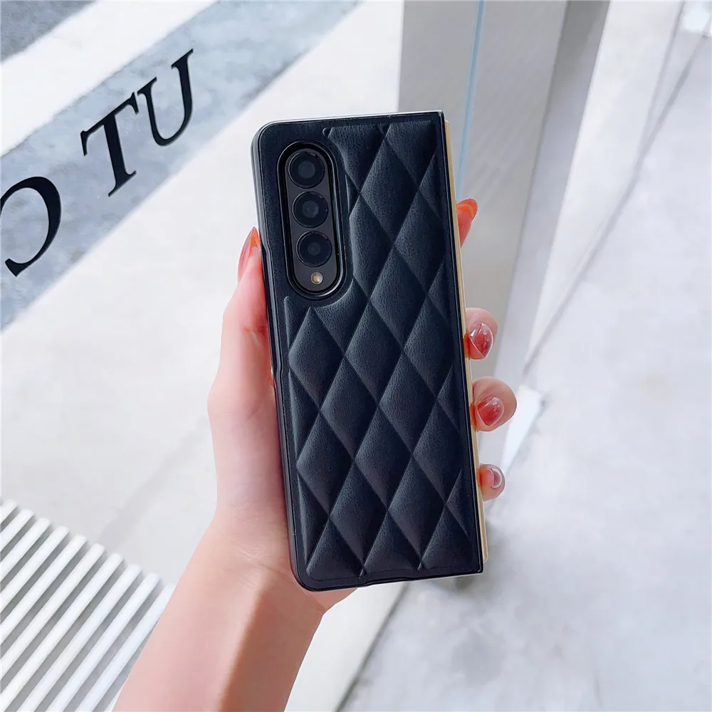 Korean Rhombic Ring Holder Stand Leather Case For Samsung Galaxy Z Fold 5 Case For Galaxy Z Fold 4 Cover Z Fold3 Capa Z Fold5 | Gaffar India