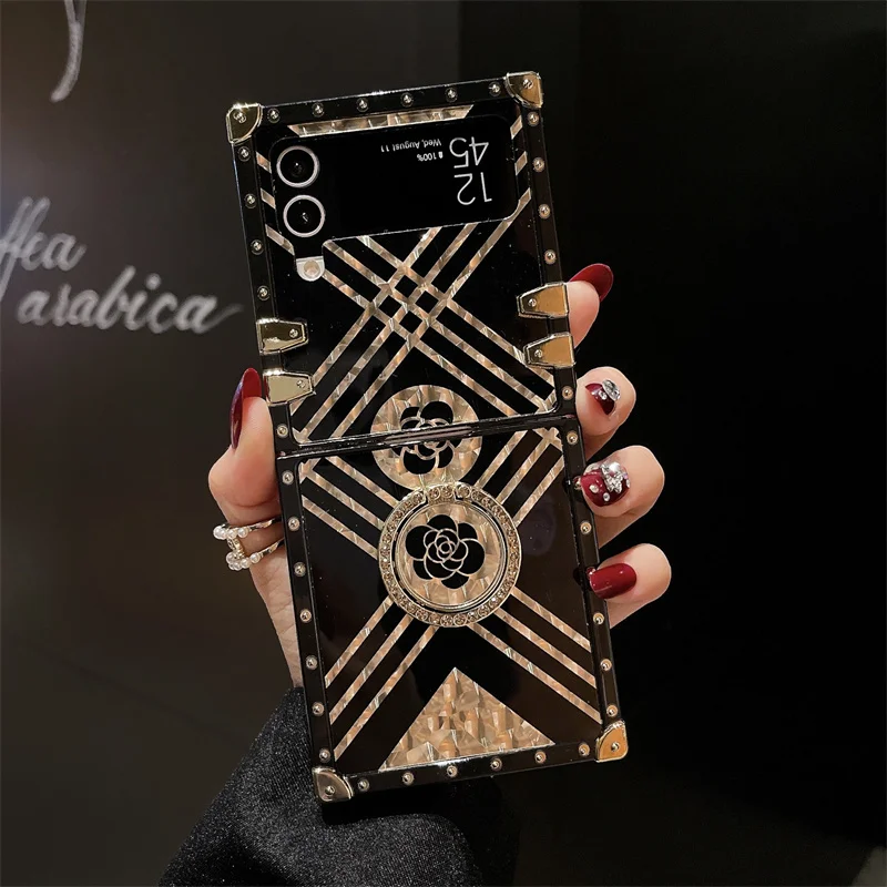 Luxury Flower Phone Folded Cover For Samsung Galaxy Z Flip 4 5G Case Square Shockproof For Galaxy Z Flip 3 With Ring Holder | Gaffar India