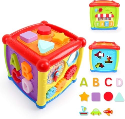 6 In 1 Learning Cube Educational & Learning Activity Toy Including Blocks, Clock, Alphabets-Tree,Transportation Vehicles,Music Keyboard & Mirror For Kids, Multicolor