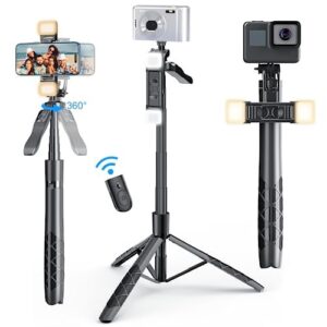 62-Inch Selfie Stick Tripod 360° Rotation With Gimbal Handle Dual Fill Light Bluetooth Aluminum Selfie Stick Stand For Iphone Android Mobile Phone Camera Vlogging,Black