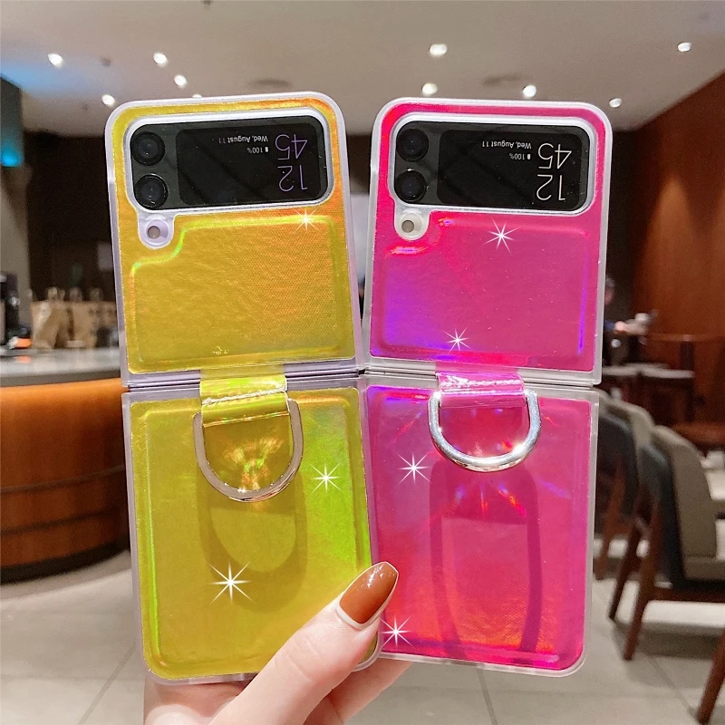 Gradual Color Finger Ring Flip Phone Cover For Samsung Galaxy Z Flip 4 3 Shockproof Anti-Drop Folding Phone Case