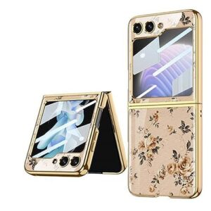 9H Glass Back Case For Samsung Galaxy Z Flip5 / Z Flip 5,Ultra Thin Full Body Protection Folding Hard Back Cover, Design Flower
