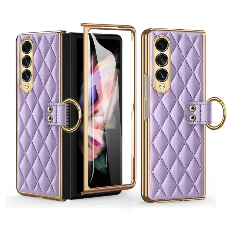 | Wholesale Price at Gaffar India Electroplated Diamond Plaid Protective Cover With Shell Membrane Ring For Samsung Z Fold4 Fold3