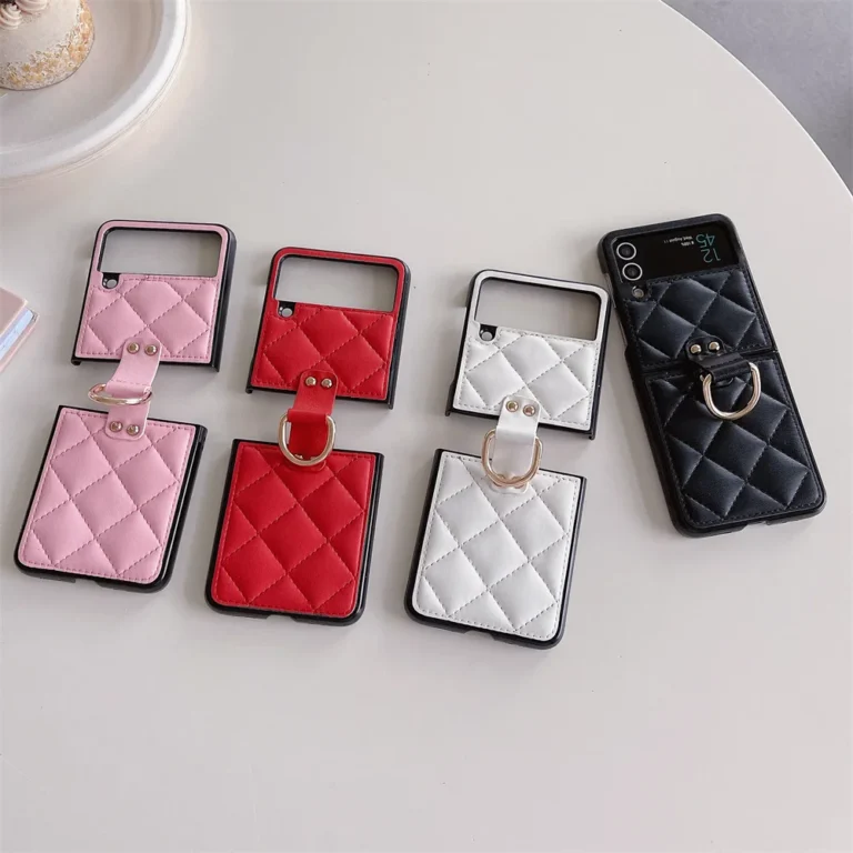 | Wholesale Price at Gaffar India Luxury CC Diamond Checked Cute Finger Rings Hinge Leather Phone Case For Samsung Galaxy Z Flip3 Flip4