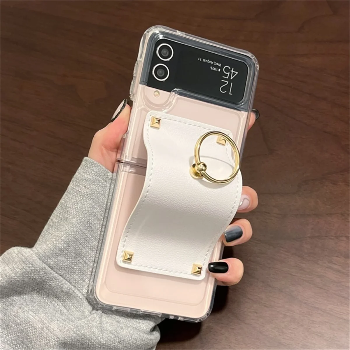 Luxury Korean Ring Candy Colour Leather Transparent Case for Samsung Galaxy Z Flip3 Flip4 - Image 2