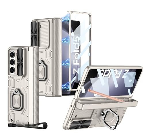 Armour Style Metal Kickstand Camera Protector Pen Holder Hinge Cover Case for Samsung Galaxy Z Fold5 / Galaxy Fold 5 Case Cover - (Cream | Polycarbonate)