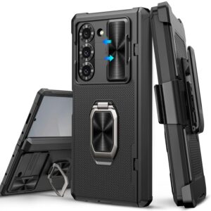 ATATOO for Samsung Galaxy Z Fold 6 Case with Kickstand & Belt Clip & Hinge Protection & HD Screen Protector, Metal Stand Rugged Shockproof Phone Cover Case for Z Fold 6 2024 5G, Black