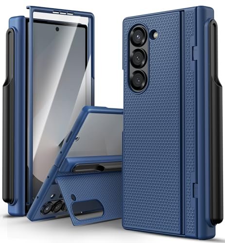 ATATOO for Samsung Galaxy Z Fold 6 Case with S Pen Holder & Kickstand & Hinge Protection & HD Screen Protector, Slim Stand Durable Hard Shockproof Lightweight Phone Case for Z Fold 6 2024, Blue
