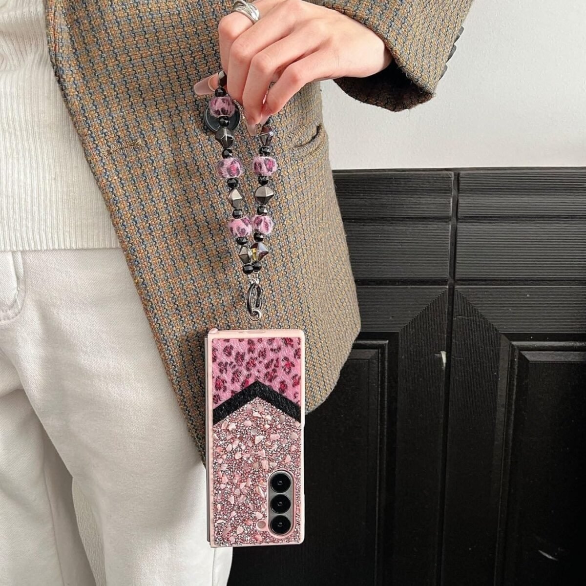 Back Cover Case For Samsung Galaxy Z Fold5 Scratch Resistant Anti-Slip Tpu Shockproof Protective Durable Glam Leopard Flashing Stone Spark Case For Girls & Women - Image 4