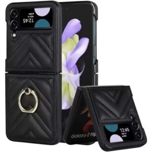 Back Cover For Samsung Galaxy Z Flip4 / Flip 4 Premium Leather V-Shaped Phone Case With Rotating Ring
